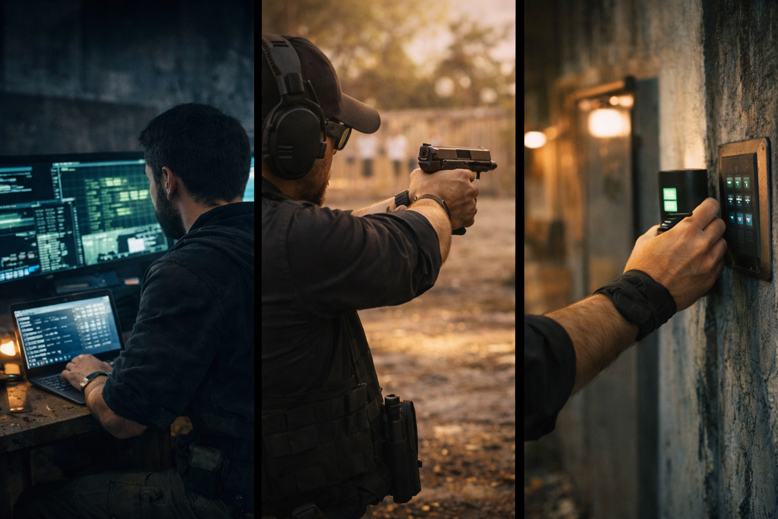 Three disciplines: OSINT intelligence gathering, tactical firearms training, and red team hardware exploitation